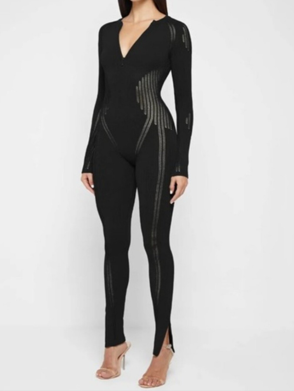 Manière De Voir Knitted Contour Jumpsuit Black M Long Sleeve Zip Catsuit Bodycon